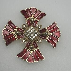 Weiss Maltese Cross Brooch Pin Goldtone Red Enamel Clear Rhinestones